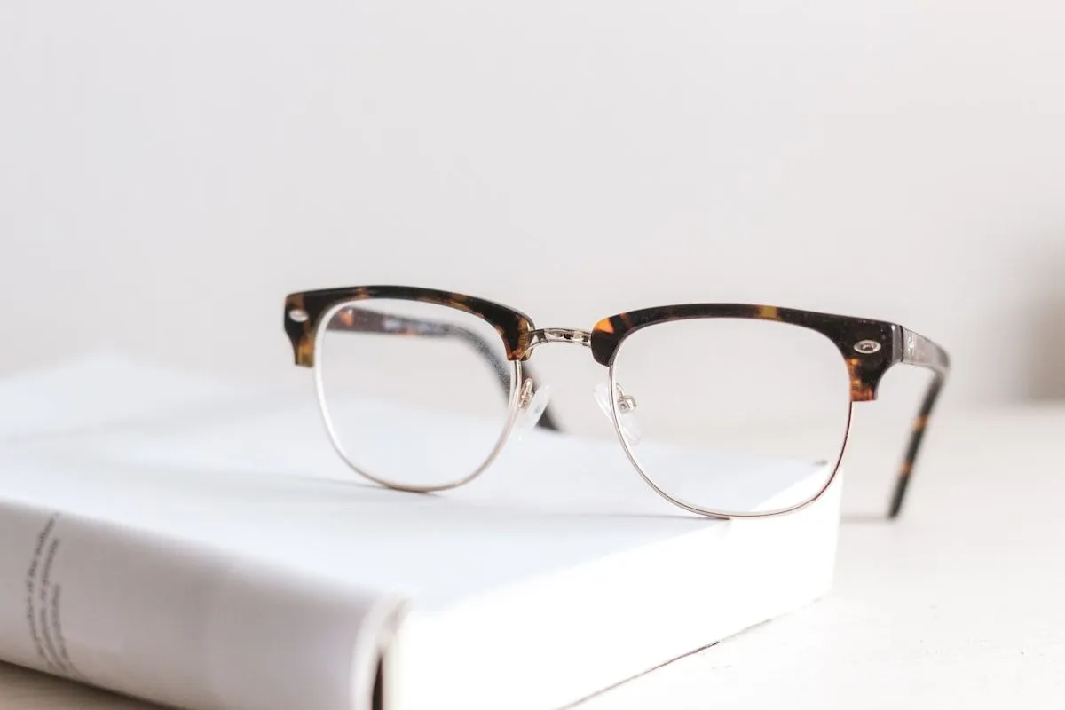 Pair of eyeglasses resting on an open book